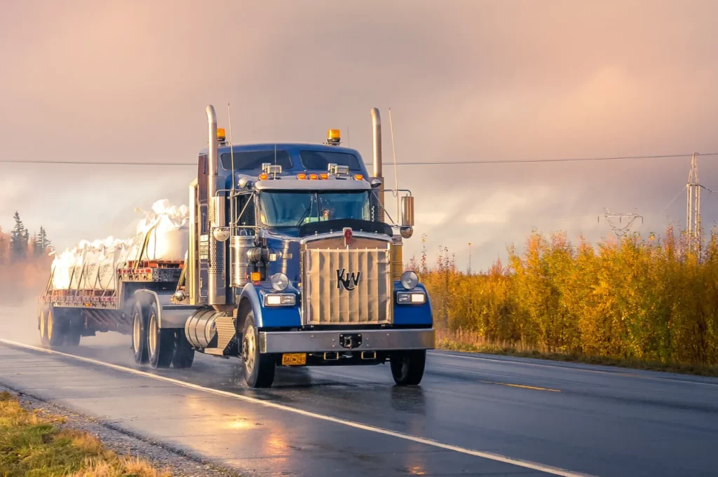An 18-wheeler truck driving on the highway.