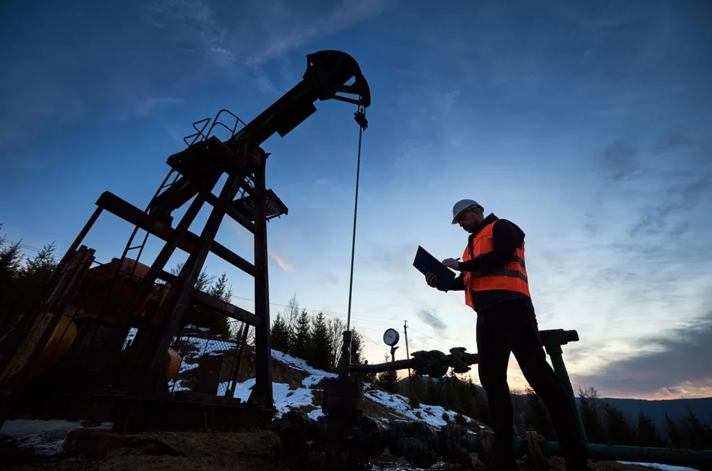 Oilfield inspector checking equipment.